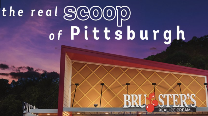 A sun sets over the Bridgeville Bruster's location. Superimposed text reads: The Real Scoop of Pittsburgh.